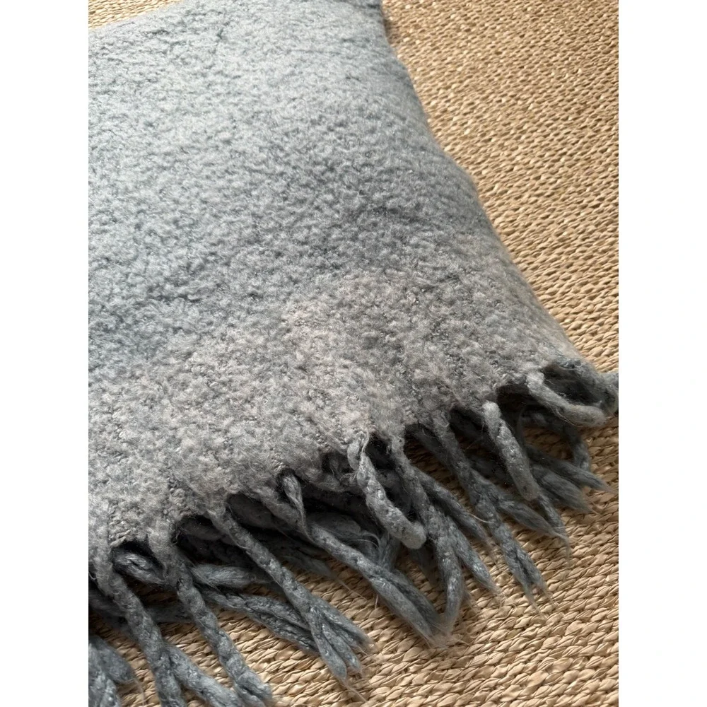 West Elm Dusty Blue Brushed Acrylic Throw Blanket‎ with Fringe 50x70
